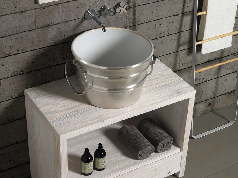Lavabo Sospeso/Appoggio Bacile Cm.Ø46,5 H30 Con Anelli In Ceramica Lucido Argento 3 Lavabo Sospeso/Appoggio Bacile Cm.Ø46,5 H30 Con Anelli In Ceramica Lucido Argento
