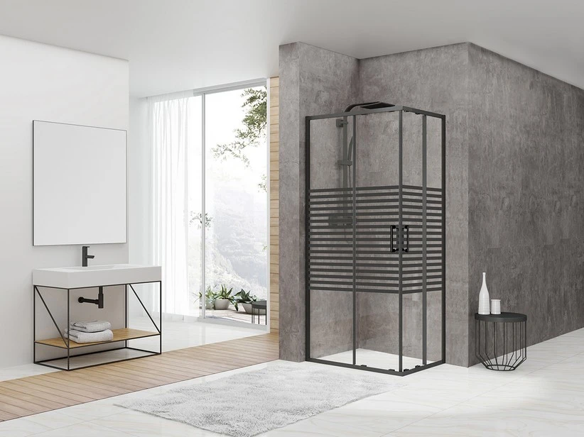 Box Doccia Angolare Arek 70x120 H190 Porte Scorrevoli Cristallo 6 Mm Trasparente Serigrafato Nero Opaco 3 Box Doccia Angolare Arek 70x120 H190 Porte Scorrevoli Cristallo 6 Mm Trasparente Serigrafato Nero Opaco