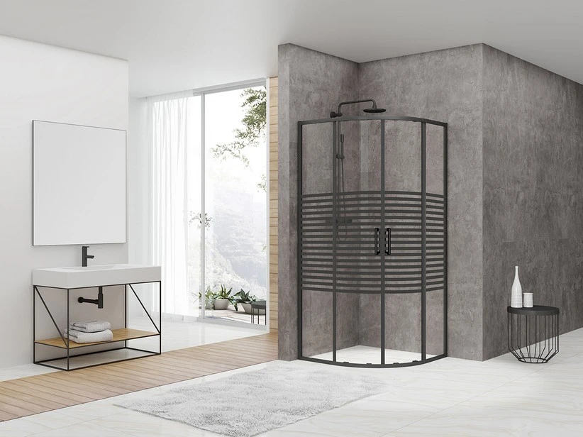 Box Doccia Angolare Semicircolare Arek 80x80 H190 Porte Scorrevoli Cristallo 6 Mm Trasparente Serigrafato Nero Opaco 3 Box Doccia Angolare Semicircolare Arek 80x80 H190 Porte Scorrevoli Cristallo 6 Mm Trasparente Serigrafato Nero Opaco